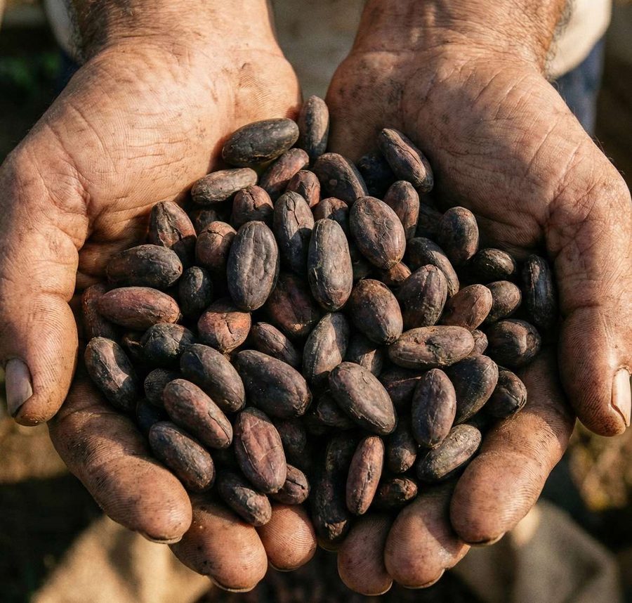 Hands holding fermented cocoa beans